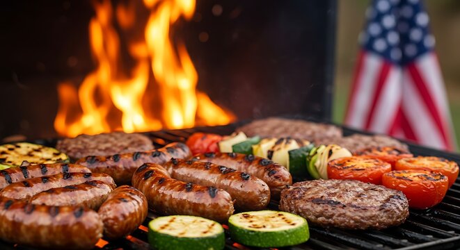 American bbq with sausages burgers and vegetables on grill