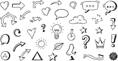 Collection of hand drawn doodle icons and symbols isolated on transparent background