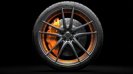 A close-up view of a car wheel against a black background. The wheel boasts a sleek, modern design with a bright orange brake caliper
