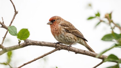A female House finch perched quietly on a tree limb.