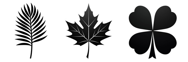 Three unique leaf silhouettes representing various plant species in a minimalistic style against a white background
