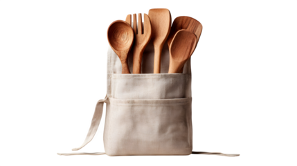 Beige Linen Apron with Wooden Utensils and Natural Packaging isolated on transparent white background