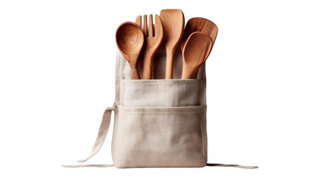 Beige Linen Apron with Wooden Utensils and Natural Packaging isolated on transparent white background