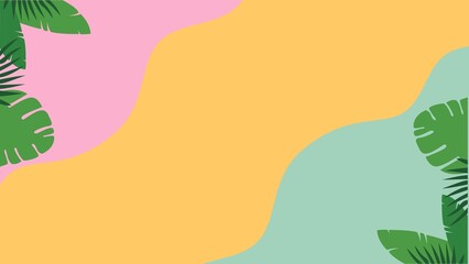 Fototapeta premium Abstract summer background with tropical monstera leaves on colorful pastel shapes. Modern vector template for posters and banners.