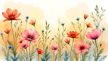Fototapeta premium Watercolor Flowers Field with Orange and Pink Blooms