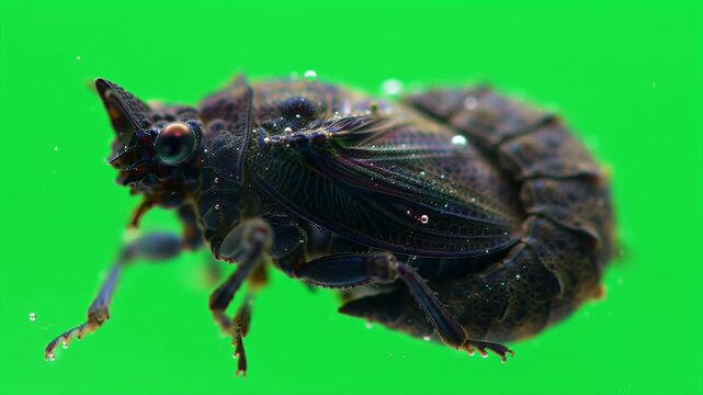 Macro Close-Up of a Unique Horned Insect Against a Vibrant Green Background, Highlighting Intricate Details of Its Textured Exoskeleton