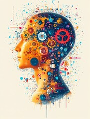 Abstract head, colorful gears, intelligence, creativity, mind.