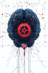 Human brain with cog, digital network. AI, technology concept.