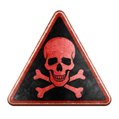 A red and black triangular danger sign with a skull and crossbones isolated on transparent background