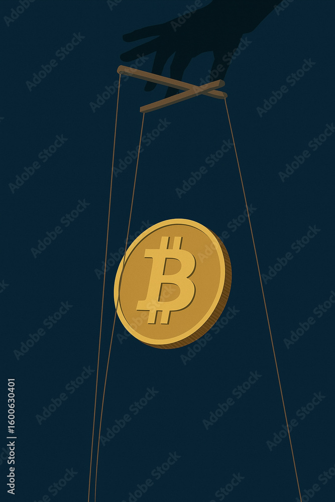 Poster bitcoin puppet: a metaphorical depiction of cryptocurrency control and manipulation, symbolized by a