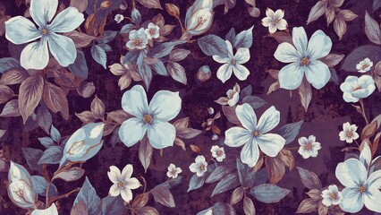 Seamless floral design featuring ruellia tuberosa and plumeria on a violet background