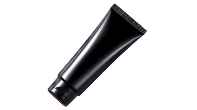 Black Cream Tube on Reflective Surface with Soft Pink and Purple Lighting isolated on transparent white background