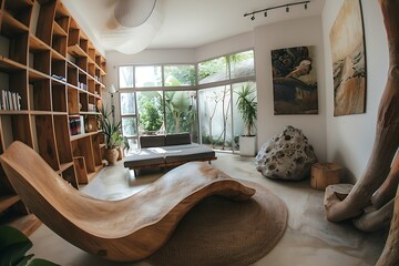 Contemporary interior design with wooden furniture, art pieces, and serene garden view, creating a peaceful ambiance