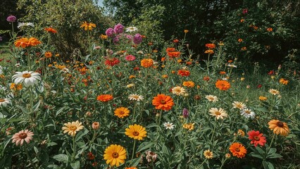vibrant garden filled with various colorful flowers including orange, yellow, purple, and white blossoms in a natural setting