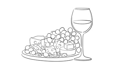 Wine with cheese and grapes, continious line drawing. Cheese and lime outline. Vector illustration