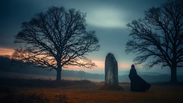 A solitary druid priestess in a black cloak stands at a sacred menhir between two bare trees during a mystical sunset.