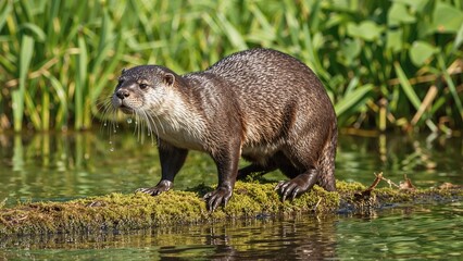 Cheerful otter perched on a wooden branch