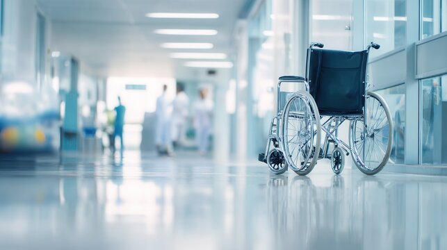 An empty wheelchair stands in the hospital corridor, with blurry figures of medical staff in the background