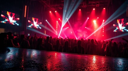 Vibrant concert stage with red and white spotlights illuminating a cheering crowd, wet floor reflecting lights