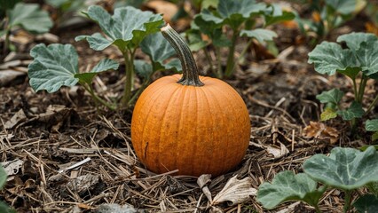 Isolated pumpkin on farmland, set for harvest