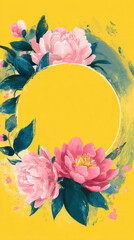 Pink peony flower green leaf round frame yellow background boho style delicate floral border watercolor painting