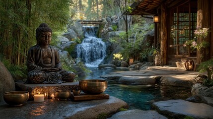 A serene zen garden scene, with a Buddha statue, water feature and a house in a tranquil, peaceful setting. The scene evokes feelings of calmness and spiritual enlightenment