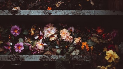 Faded blooms nestled in a metal trough.