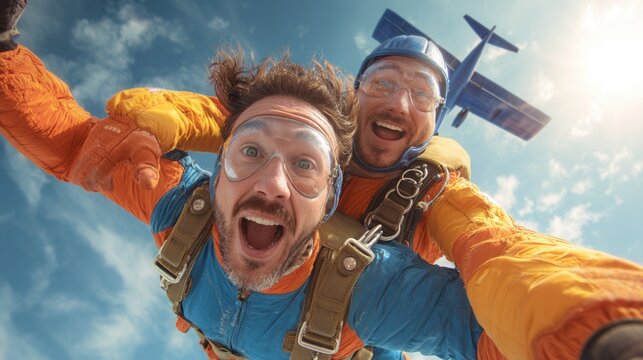 Two excited skydivers soaring through the sky during a tandem jump, experiencing the ultimate thrill. Their expressions capture the excitement of freefall, with a plane visible in the background