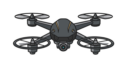 Modern Gray Drone with Propellers and Camera, Vector Illustration.