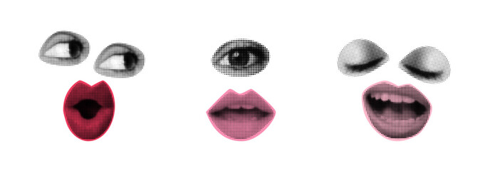 Halftone collage set of eyes, lips, mouth in pop art style. Surreal facial expressions in dotted texture. Vintage comic faces. 