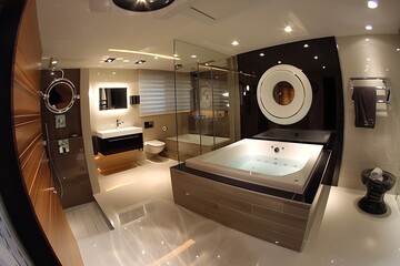 Modern bathroom interior with jacuzzi and shower for relaxation and personal care