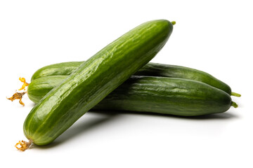 Photo of a small bunch of green natural organic cucumbers isolated on white background