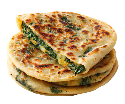  Parathas filled with spiced potatoes and spinach, on a white background