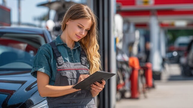 A skilled mechanic inspects a car, reviewing notes on a tablet, emphasizing expertise and professional care. She is in front of a gas station