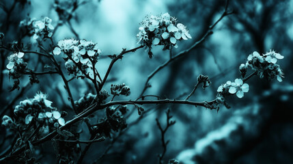 Blue-Toned Spring Blossoms on Dark Branches – moody floral macro photo 