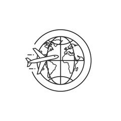 Airplane Flying Over a Simple Line Art World Globe