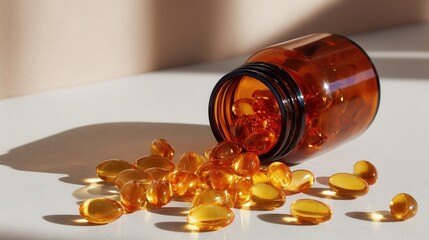 Vitamin capsules spill from an amber glass bottle, suggesting health and wellness. They appear to be a supplement promoting wellbeing