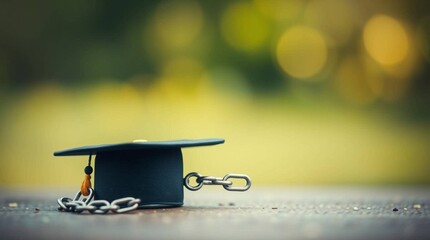 Graduation cap with chain symbolizes freedom from debt or breaking free from academic constraints