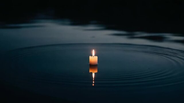 A single lit candle floating on dark, calm water, creating ripples and a reflection. A serene and meditative scene representing hope, remembrance, and peace.
