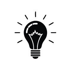 Black lightbulb flashes brightly against a white background, radiating lines outward and remains transparent
