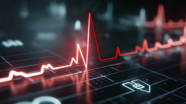 Vibrant red heartbeat pulse line glowing on a dark futuristic digital technology monitor with a data grid
