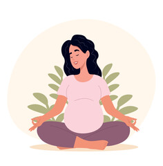 Pregnant woman meditating outdoors, surrounded by nature. Concept of health, self-care, and pregnancy.