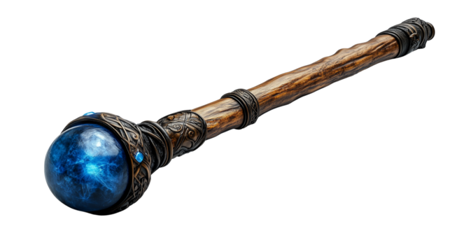 Realistic ancient magic staff made of organic wood featuring large crystal orb in deep blue tone on transparent background