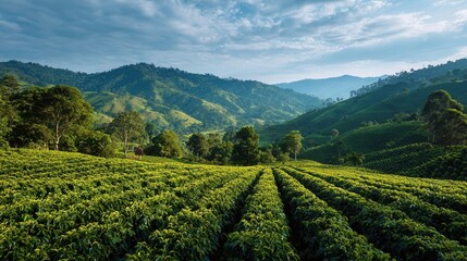 A vibrant coffee plantation nestled in a lush, mountainous landscape, showcasing rows of coffee plants under a bright blue sky