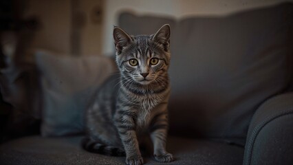 Tabby kitten with gray stripes resting on living room couch at nightfall