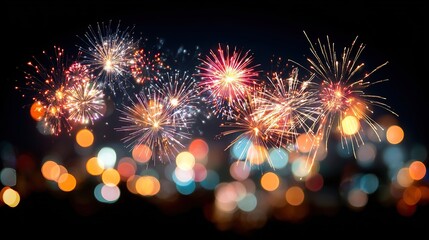 Colorful fireworks burst in the night sky, creating abstract light trails—a celebration of vibrant energy and fleeting beauty.