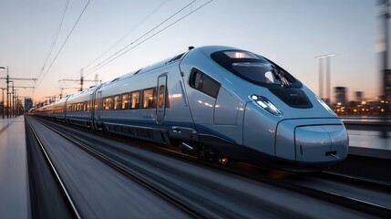 Naklejka premium A high-speed train speeding through a city, symbol of modern transport. The train is streamlined and the scenery blur indicating movement