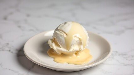 A single scoop of vanilla ice cream on a ceramic plate, showcasing creamy texture with subtle drips against a minimalist marble background.