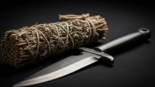 A sage smudge stick and a ritual athame dagger for a spiritual ceremony. Wiccan and pagan tools for cleansing and magic on a dark background.