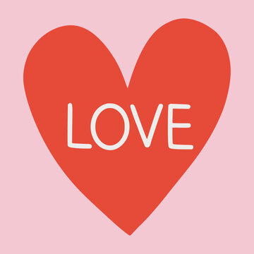 Valentines Red Heart with Text Love. . Minimalist Icon in Red with Pink background